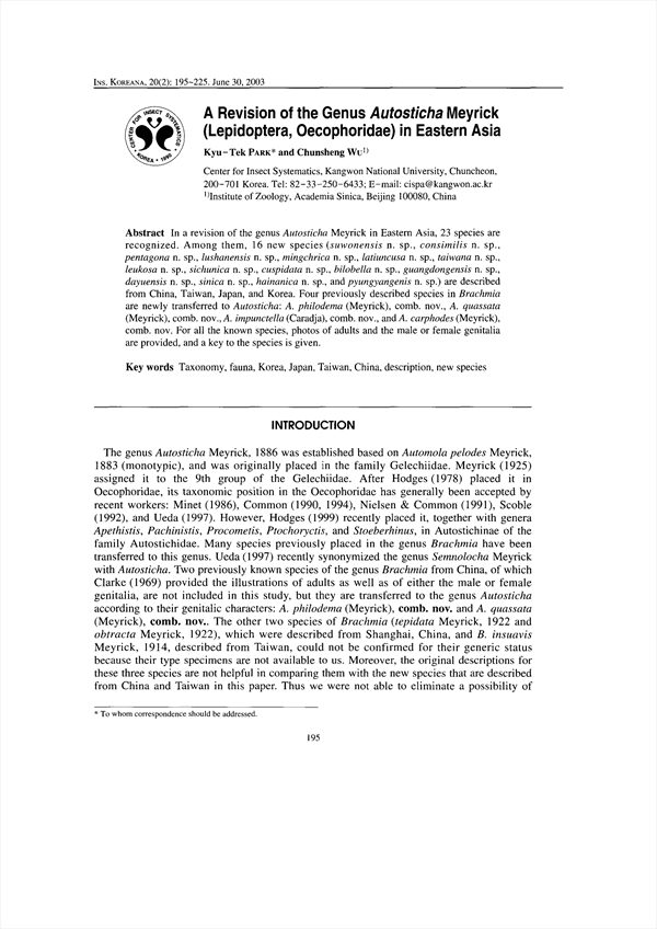 A revision of the genus autosticha meyrick lepidoptera oecophoridae